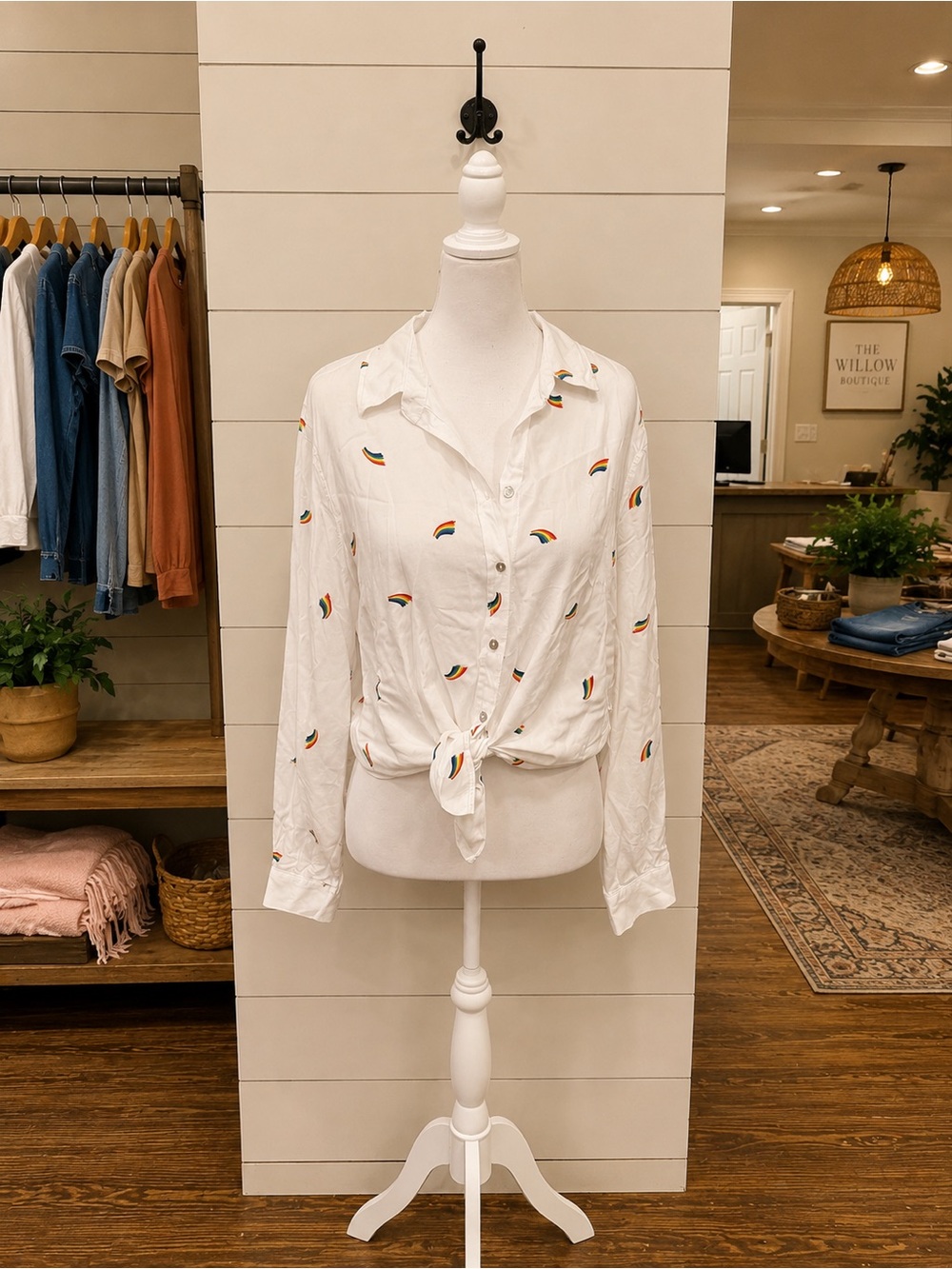 Jane + Delancey Rainbow Print Tie Front Button Down Blouse NWT Large